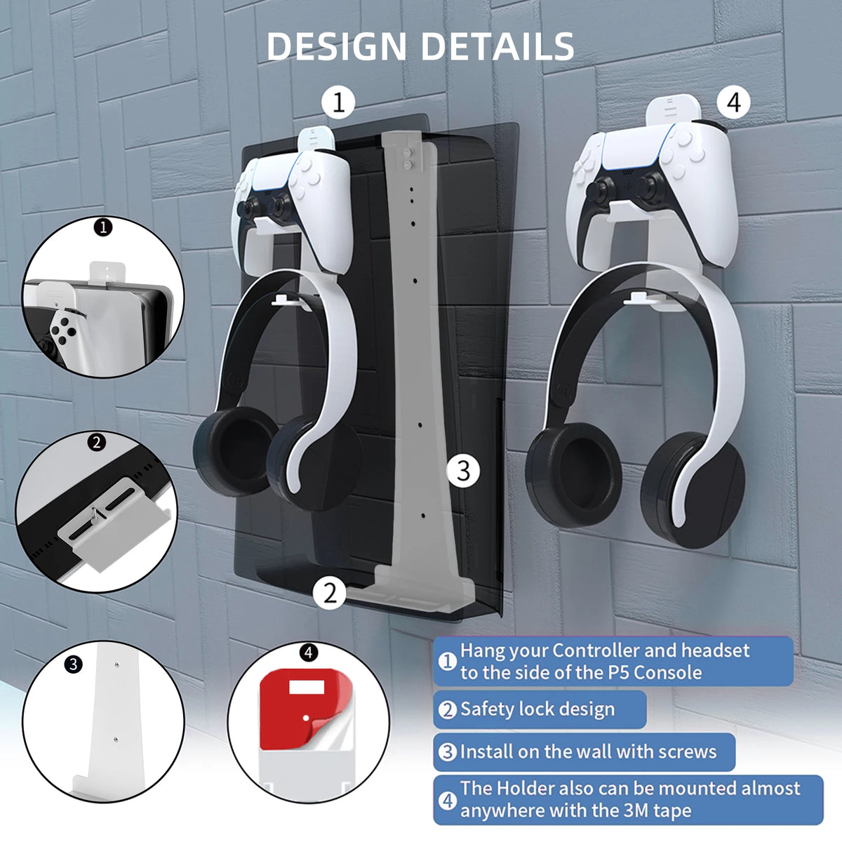 PS5 Slim Metal Wall Mount with Controller & Headset Holders