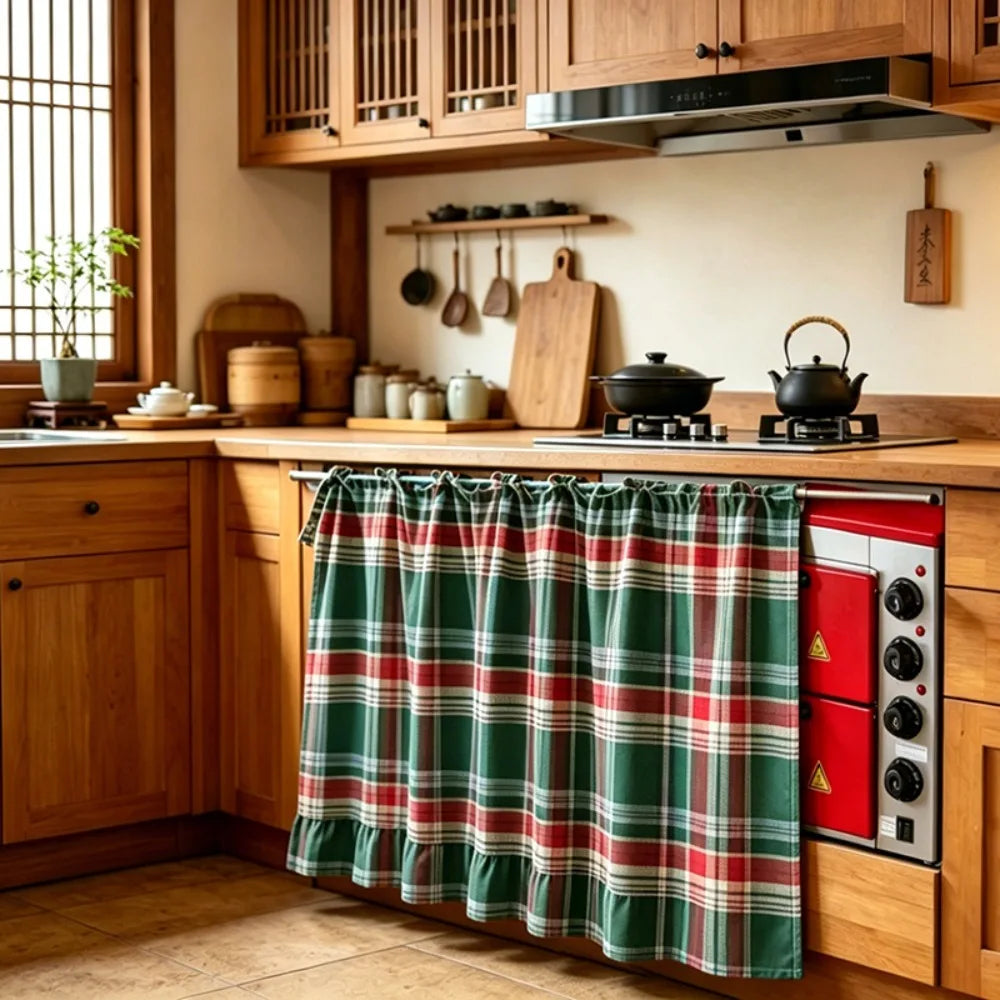 Farmhouse Plaid Kitchen Stove Cover with Ruffled Edges