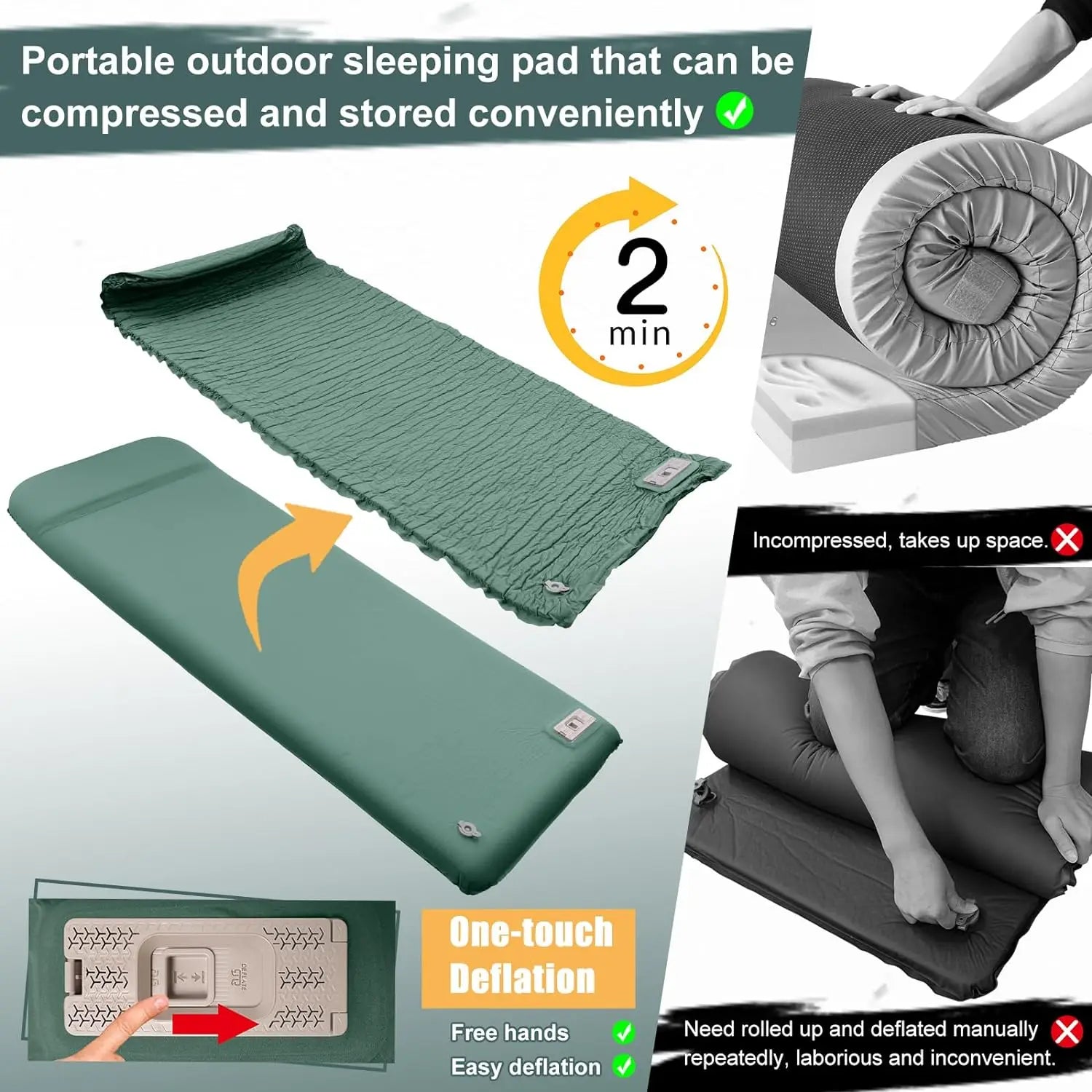 Self-Inflating Memory Foam Camping Mattress with Pillow