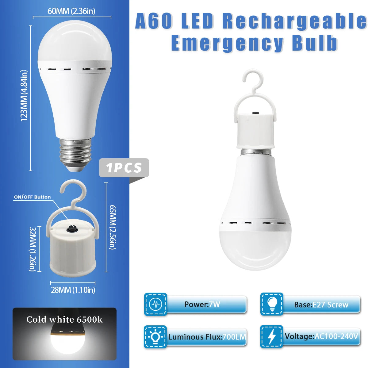 A60 E27 Rechargeable Emergency LED Bulbs