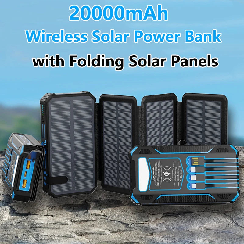 20,000mAh Wireless Solar Power Bank with 4 Solar Panels