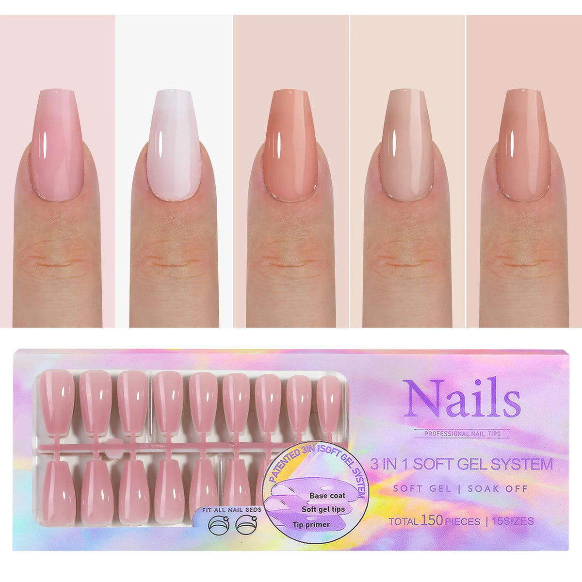 150 piezas de uñas postizas almendradas color nude – estilo ballet