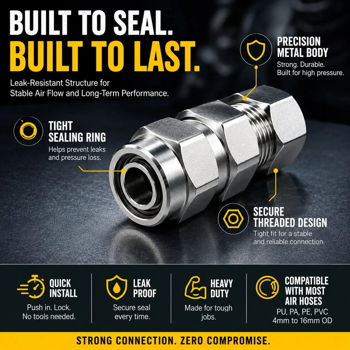 Heavy-Duty Push-to-Connect Pneumatic Air Line Fittings