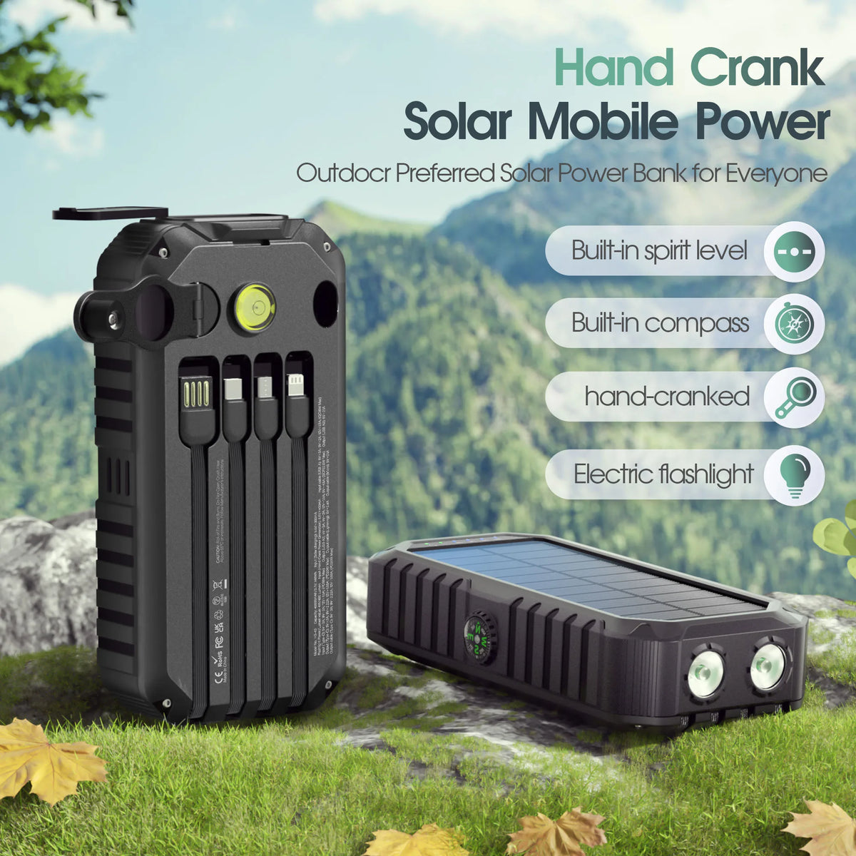 40,000mAh Solar Power Bank with Hand Crank & Built-In Cables