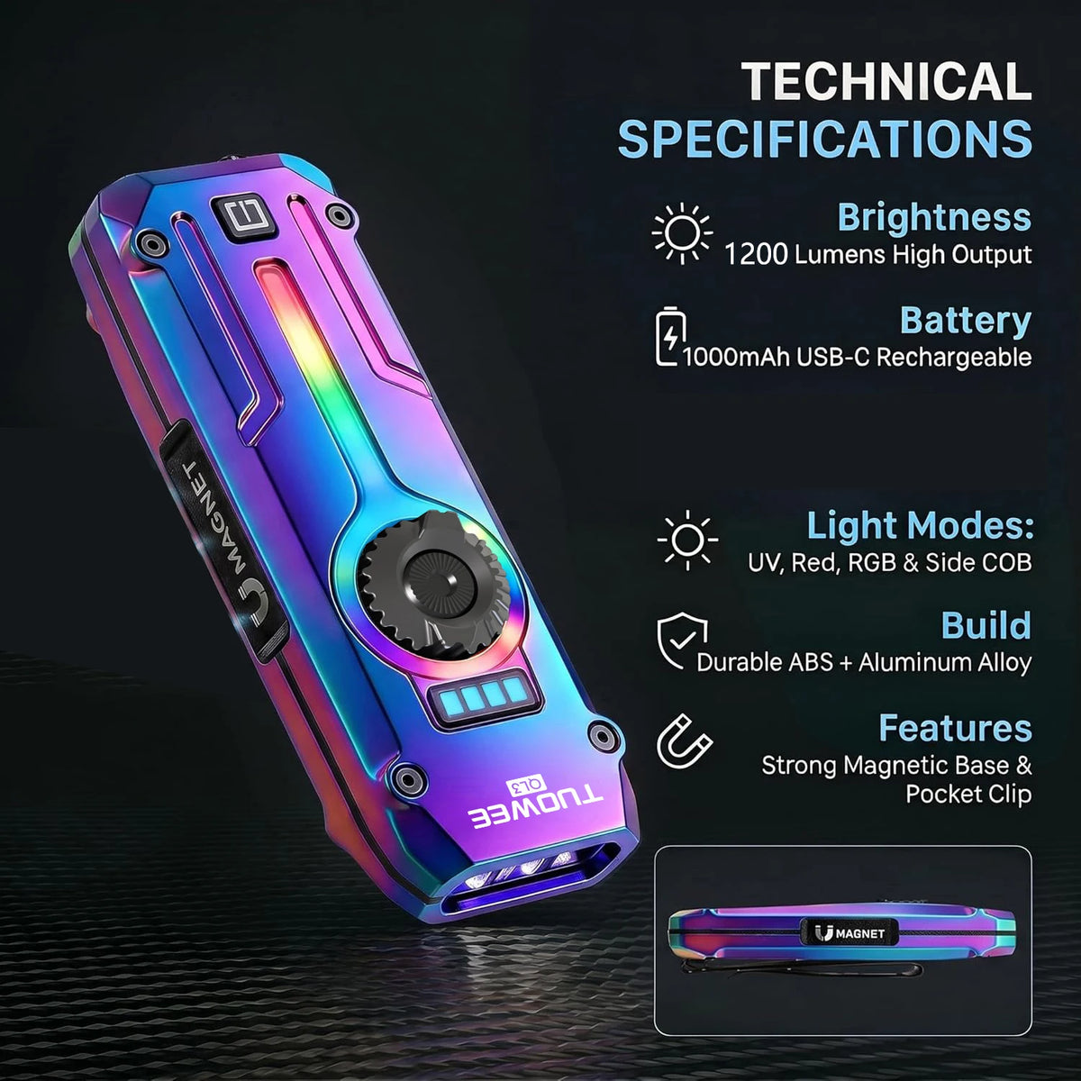 Rechargeable EDC Flashlight with UV, Laser & RGB Light