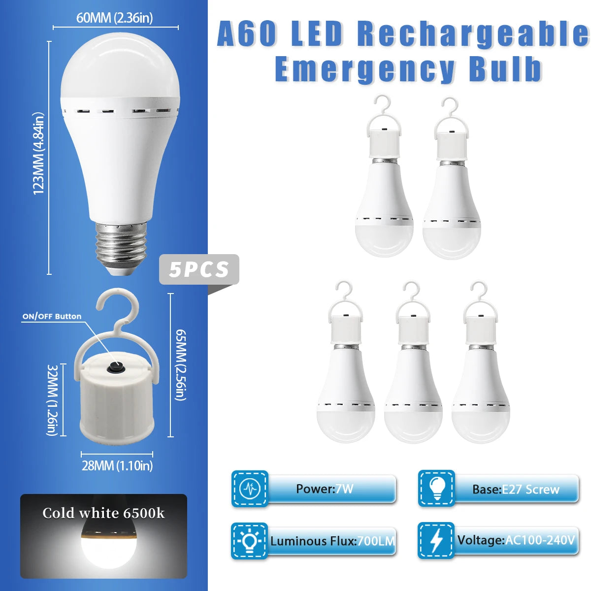 A60 E27 Rechargeable Emergency LED Bulbs