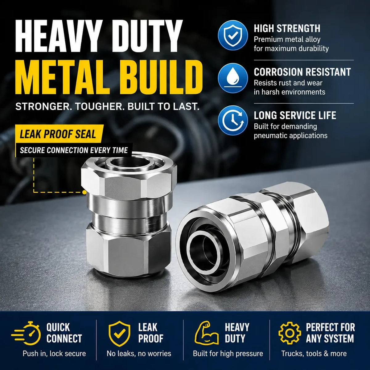 Heavy-Duty Push-to-Connect Pneumatic Air Line Fittings
