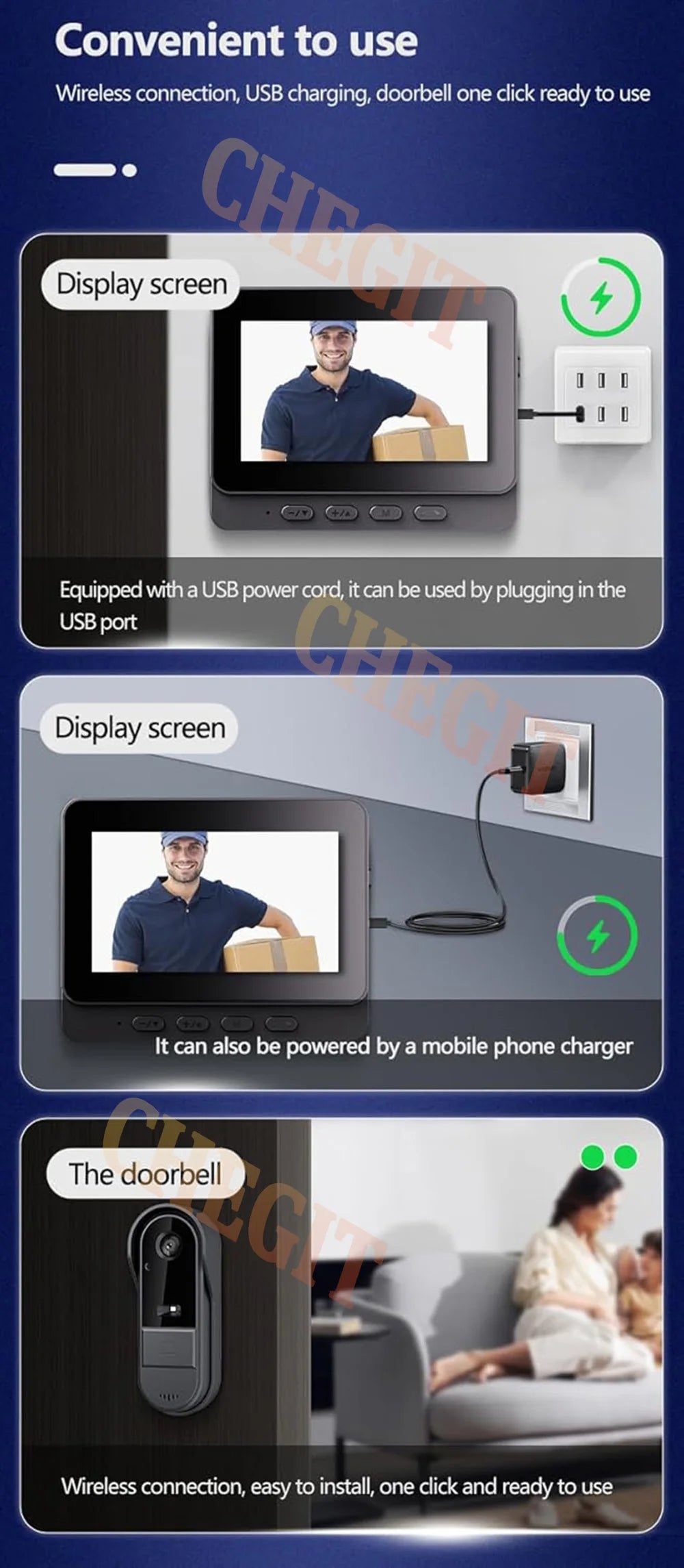 Wireless Video Doorbell with 4.3" Indoor Monitor