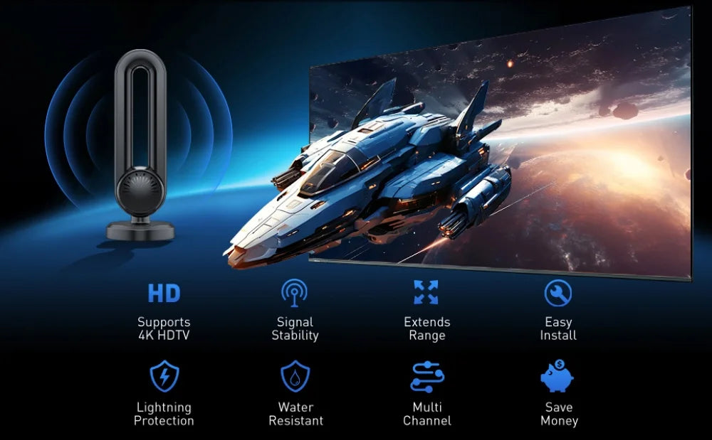 Indoor/Outdoor Digital HDTV Antenna with Signal Booster