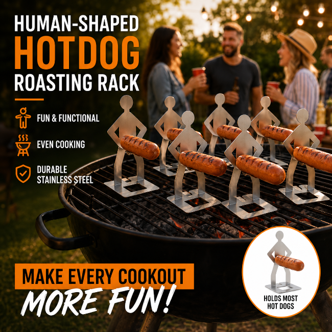 Human-shaped stainless steel hot dog roasting rack shown on a charcoal grill outdoors, with people grilling in the blurred background and promotional text highlighting features.