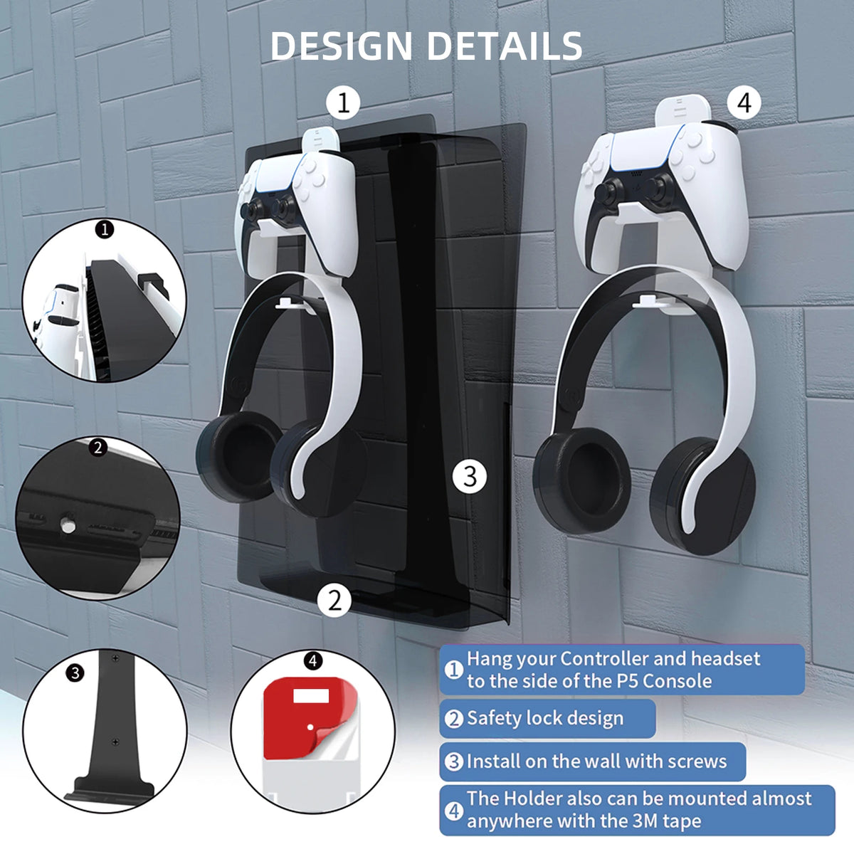 PS5 Slim Metal Wall Mount with Controller & Headset Holders