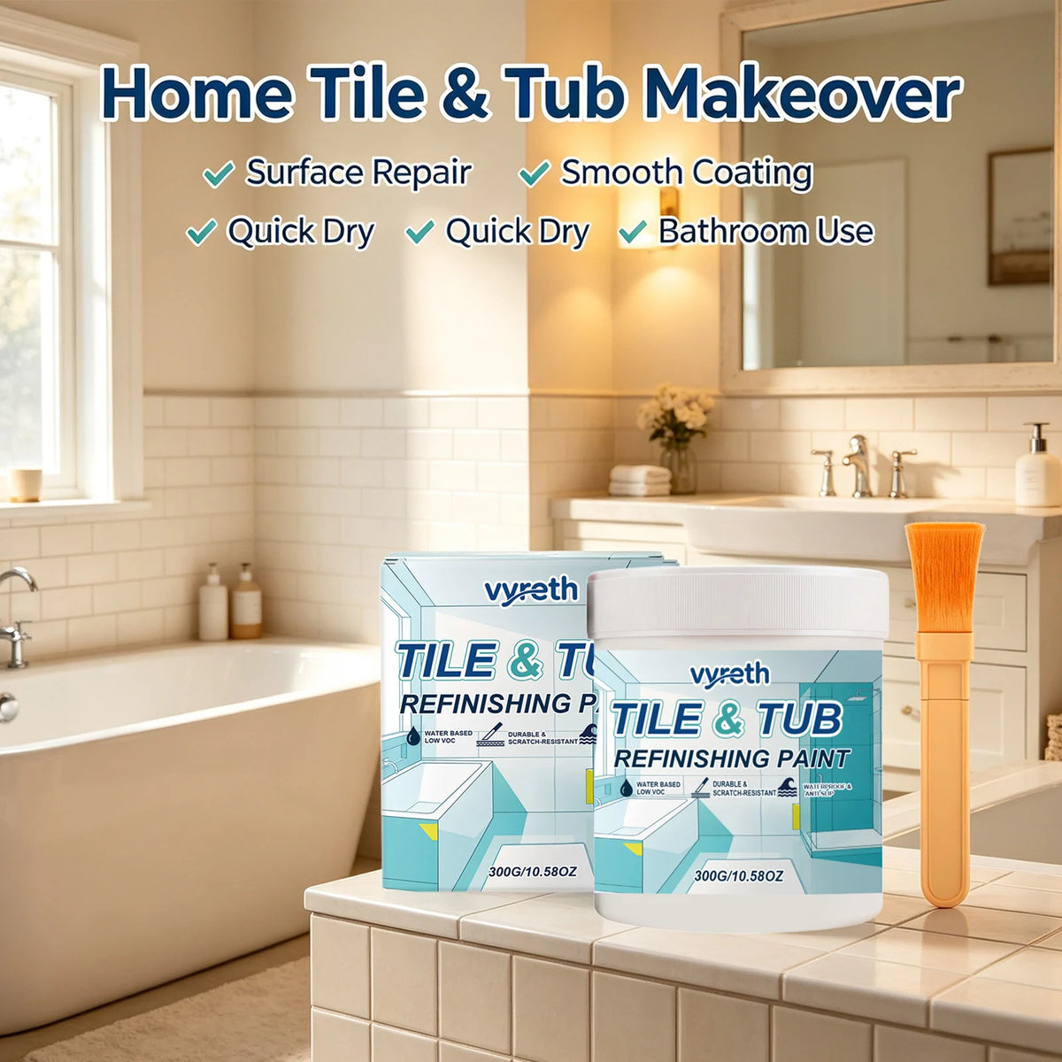 Tile & Tub Refinishing Paint – Waterproof Bathtub, Sink & Tile Repair Coating (10.6 oz)