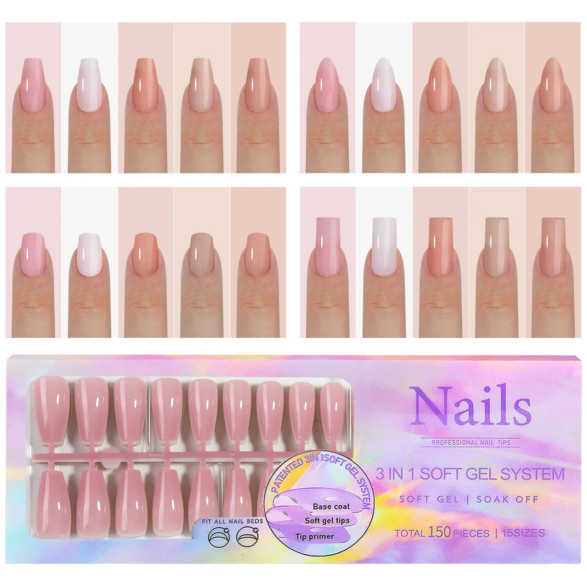 150 piezas de uñas postizas almendradas color nude – estilo ballet