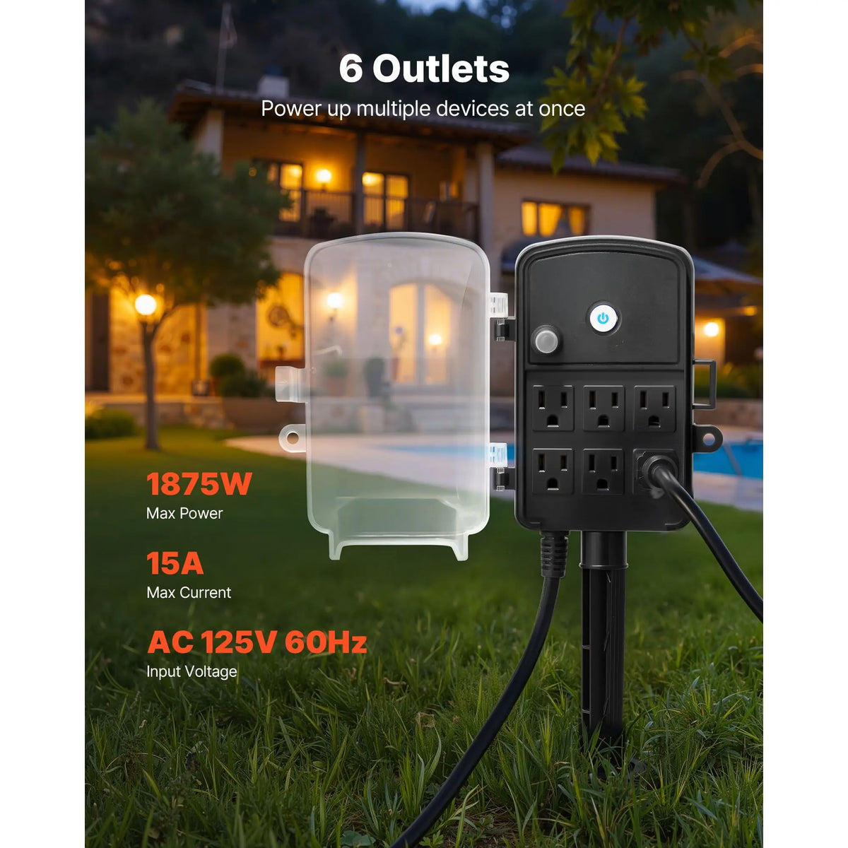 Weatherproof 6-Outlet Outdoor Power Stake (15 FT Cord)