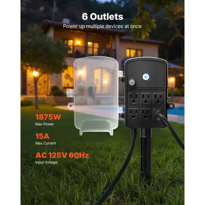 Weatherproof 6-Outlet Outdoor Power Stake (15 FT Cord)