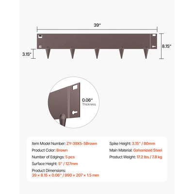 SucceBuy Flexible Steel Landscape Edging (5-Pack, 39x3")