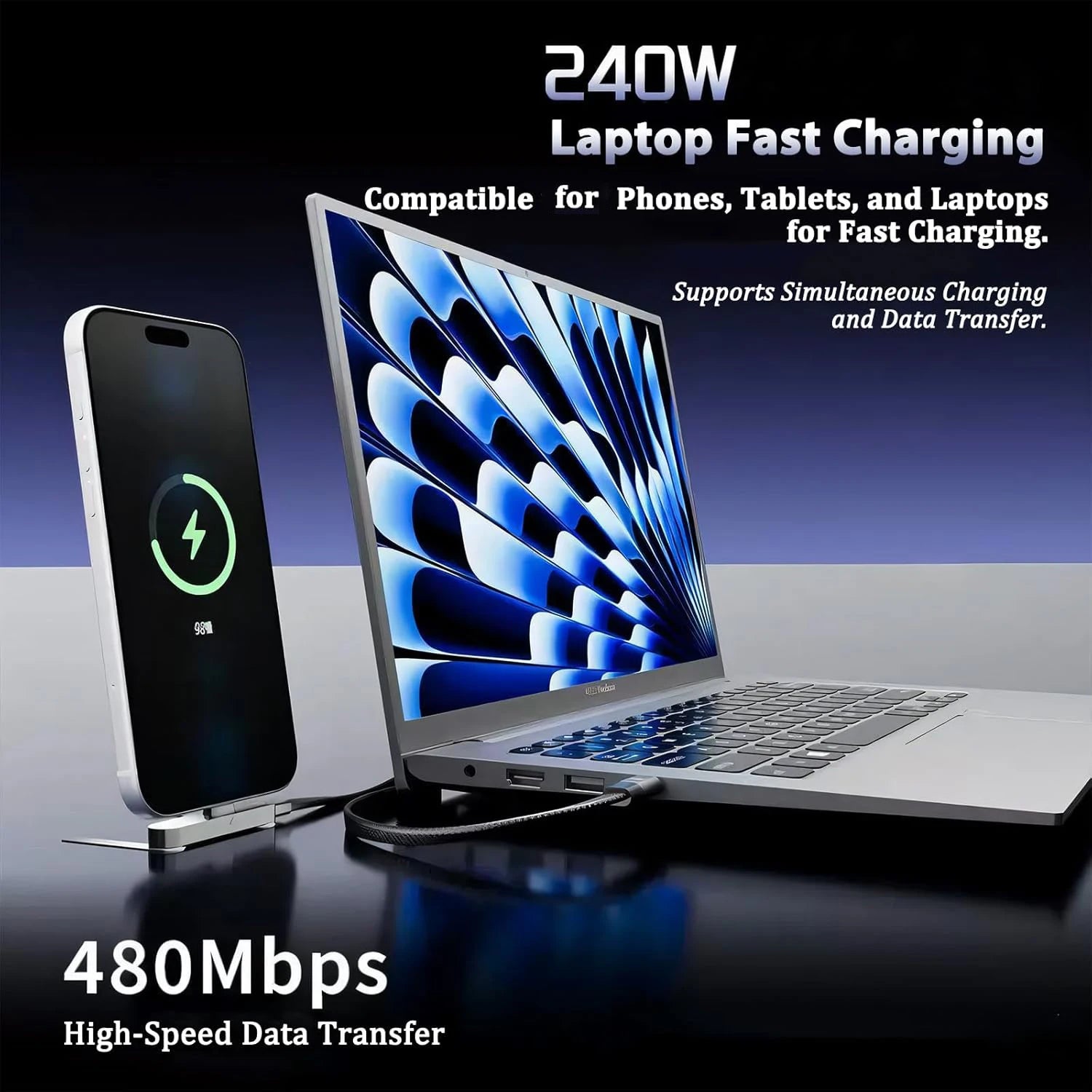 240W Fast Charging Cable with Phone Stand
