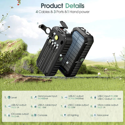 40,000mAh Solar Power Bank with Hand Crank & Built-In Cables