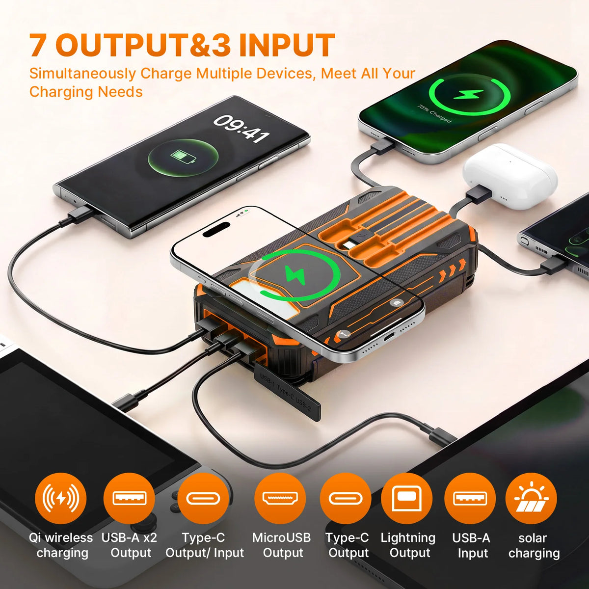 48,000mAh Solar Power Bank with 4 Panels & Wireless Charging
