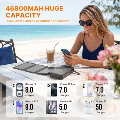 48,000mAh Solar Power Bank with 4 Panels & Wireless Charging