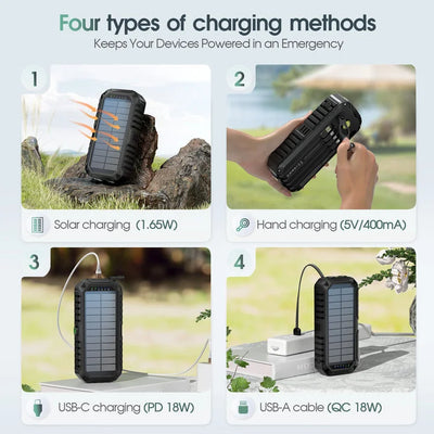 40,000mAh Solar Power Bank with Hand Crank & Built-In Cables