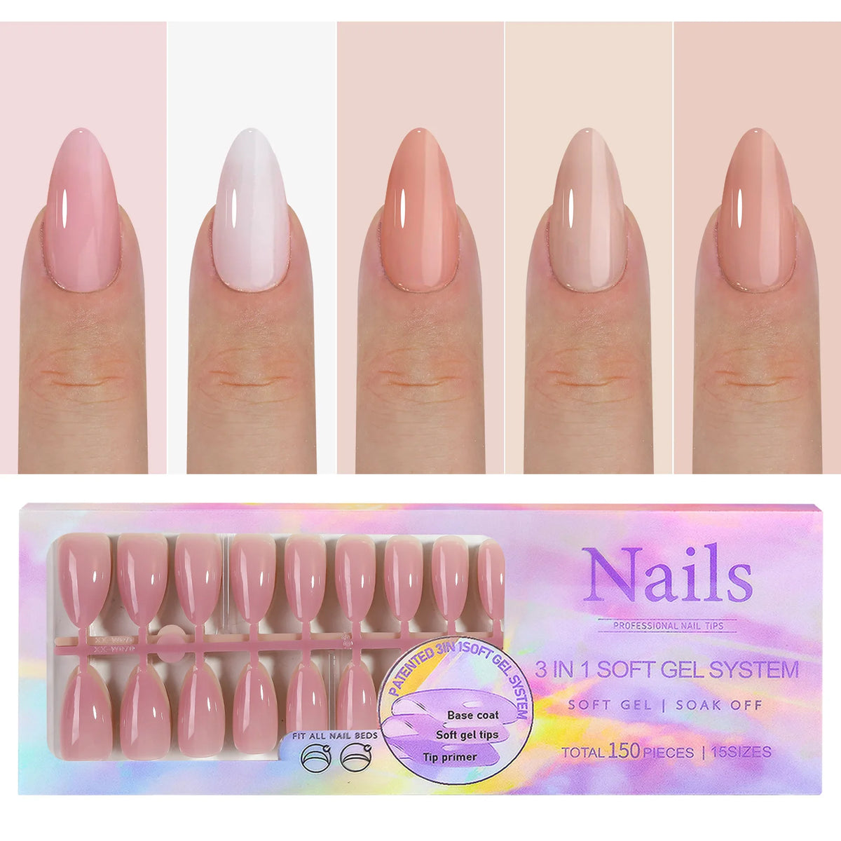 150 piezas de uñas postizas almendradas color nude – estilo ballet