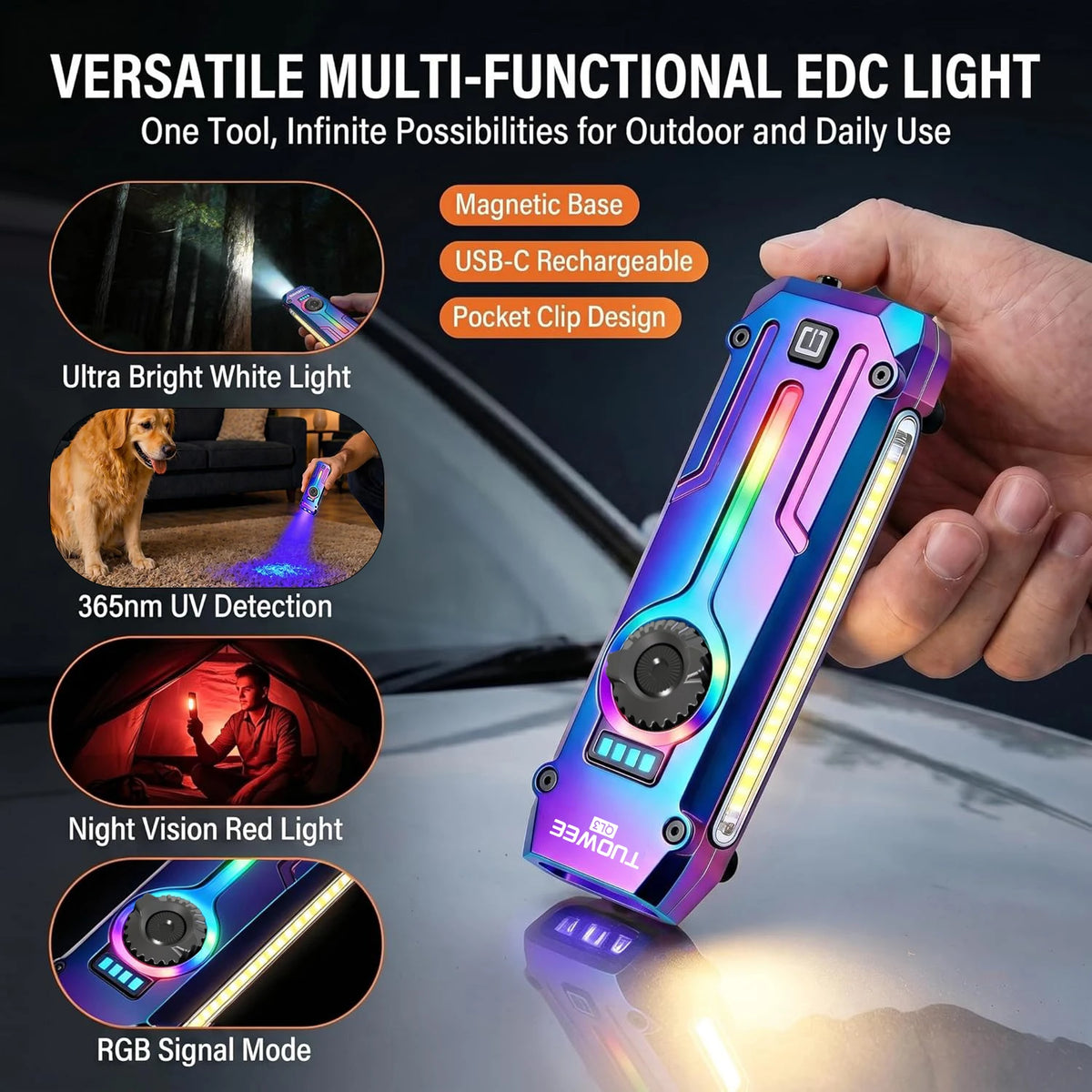 Rechargeable EDC Flashlight with UV, Laser & RGB Light