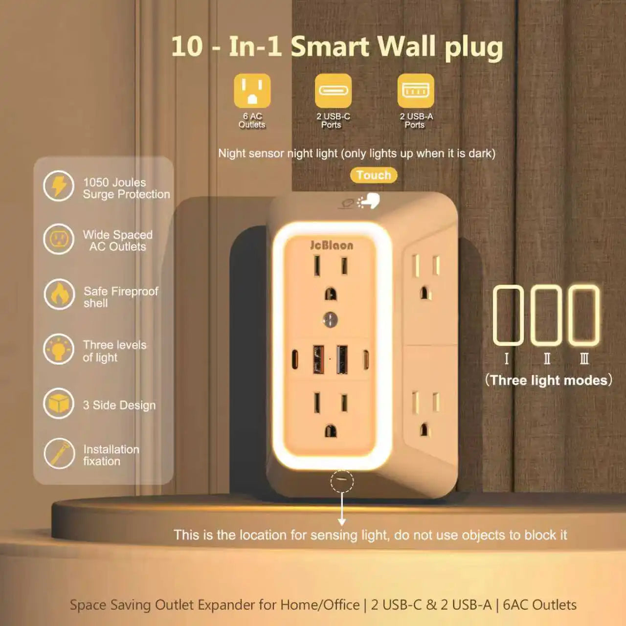 Outlet Extender with USB-C & Night Light