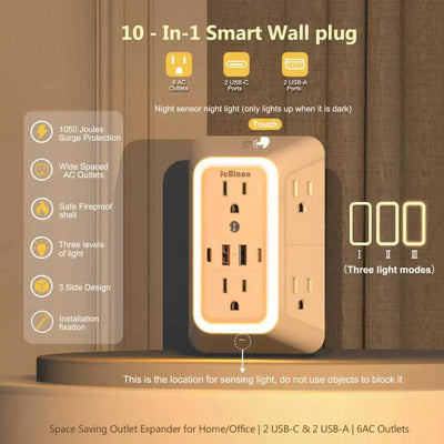 Outlet Extender with USB-C & Night Light