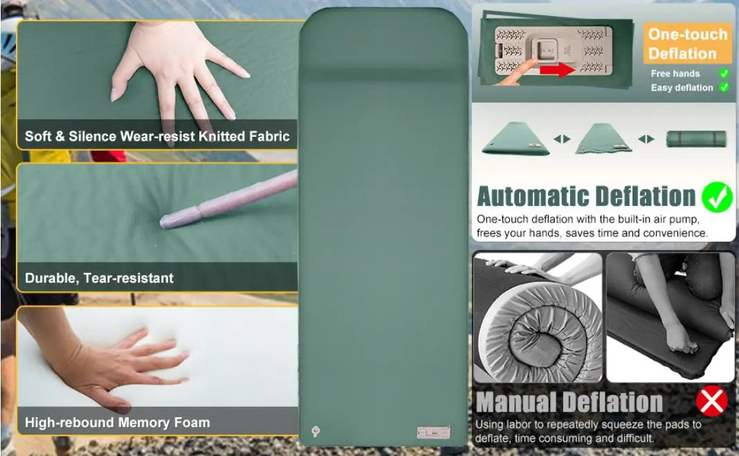 Self-Inflating Memory Foam Camping Mattress with Pillow