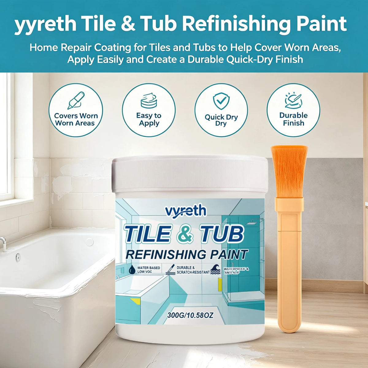 Tile & Tub Refinishing Paint – Waterproof Bathtub, Sink & Tile Repair Coating (10.6 oz)