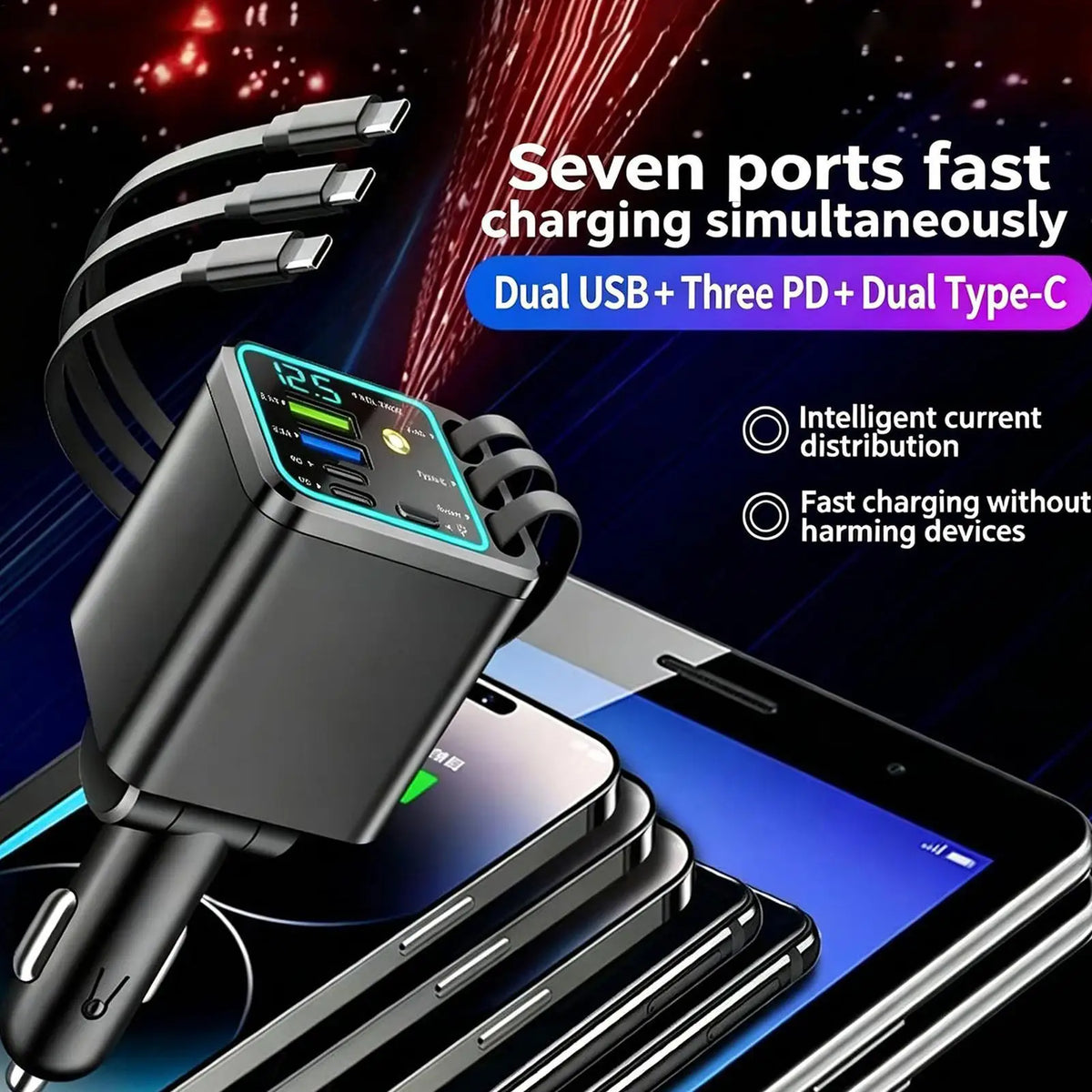 102W Retractable Fast Car Charger with Starlight Projector