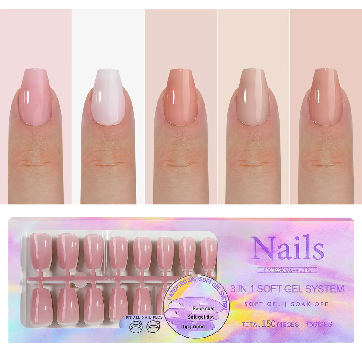 150 piezas de uñas postizas almendradas color nude – estilo ballet