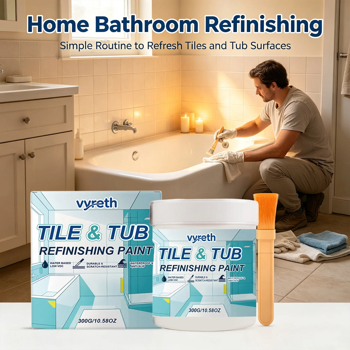 Tile & Tub Refinishing Paint – Waterproof Bathtub, Sink & Tile Repair Coating (10.6 oz)