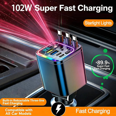 102W Retractable Fast Car Charger with Starlight Projector