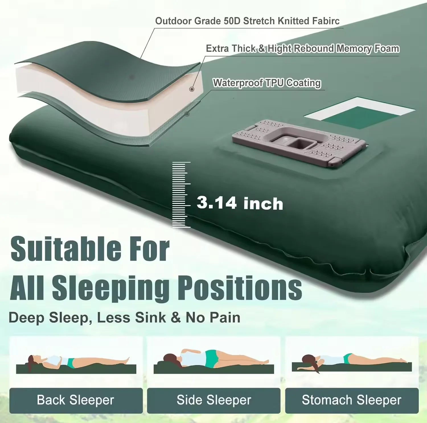 Self-Inflating Memory Foam Camping Mattress with Pillow