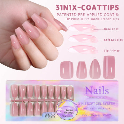 150 piezas de uñas postizas almendradas color nude – estilo ballet