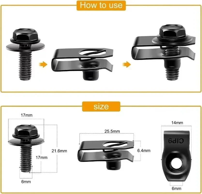 Automotive M6 Metal U-Nut Clip & Bolt Screw Fastener Set (10/20-Pack)