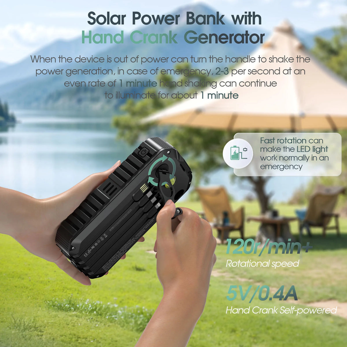 40,000mAh Solar Power Bank with Hand Crank & Built-In Cables