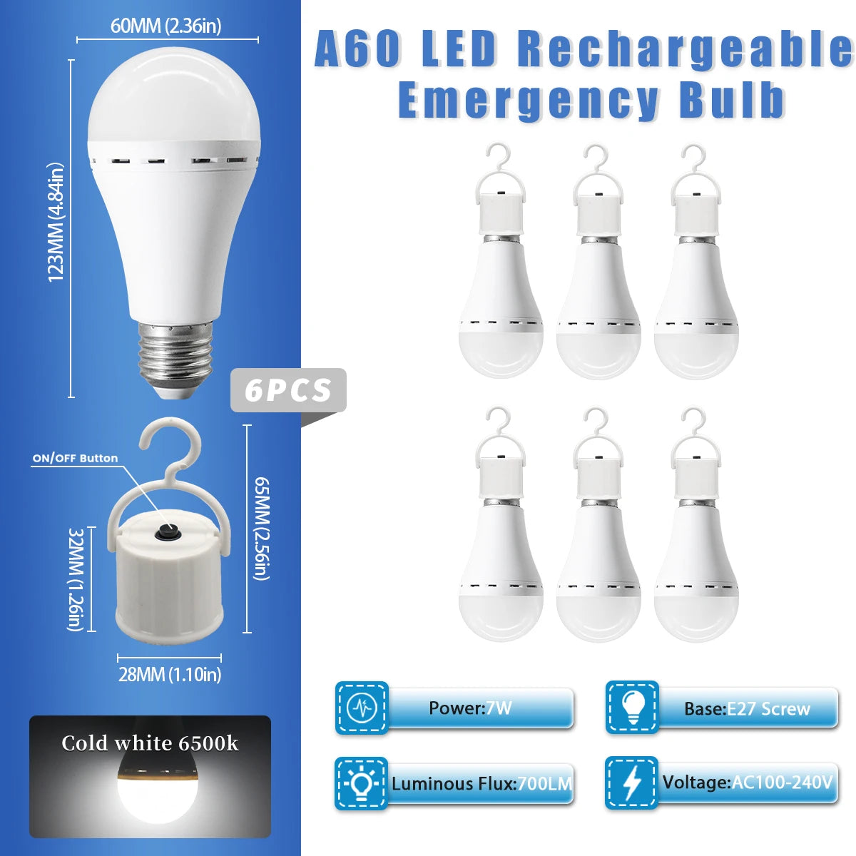 A60 E27 Rechargeable Emergency LED Bulbs