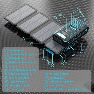 20,000mAh Wireless Solar Power Bank with 4 Solar Panels