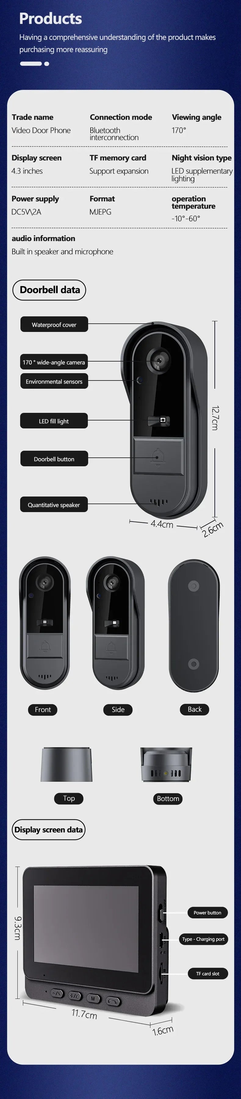 Wireless Video Doorbell with 4.3" Indoor Monitor