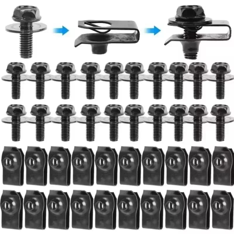 Automotive M6 Metal U-Nut Clip & Bolt Screw Fastener Set (10/20-Pack)