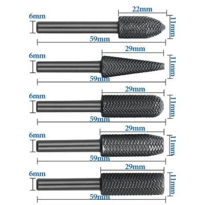 5-Piece Steel Rotary Rasp File Set (6mm Shank)