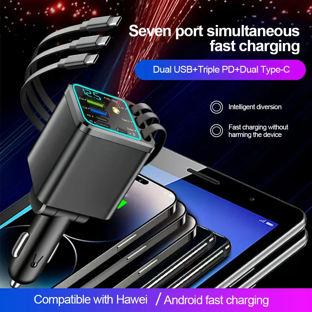 180W 7-in-1 Fast Car Charger with Retractable Cables