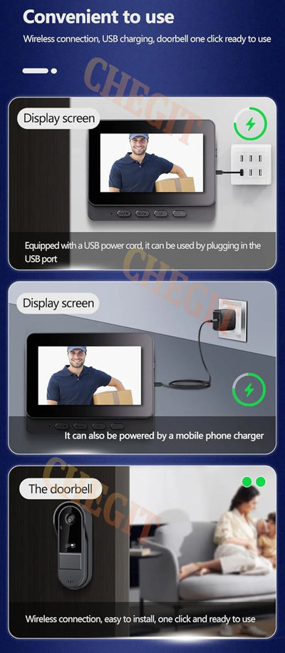 Wireless Video Doorbell with 4.3" Indoor Monitor