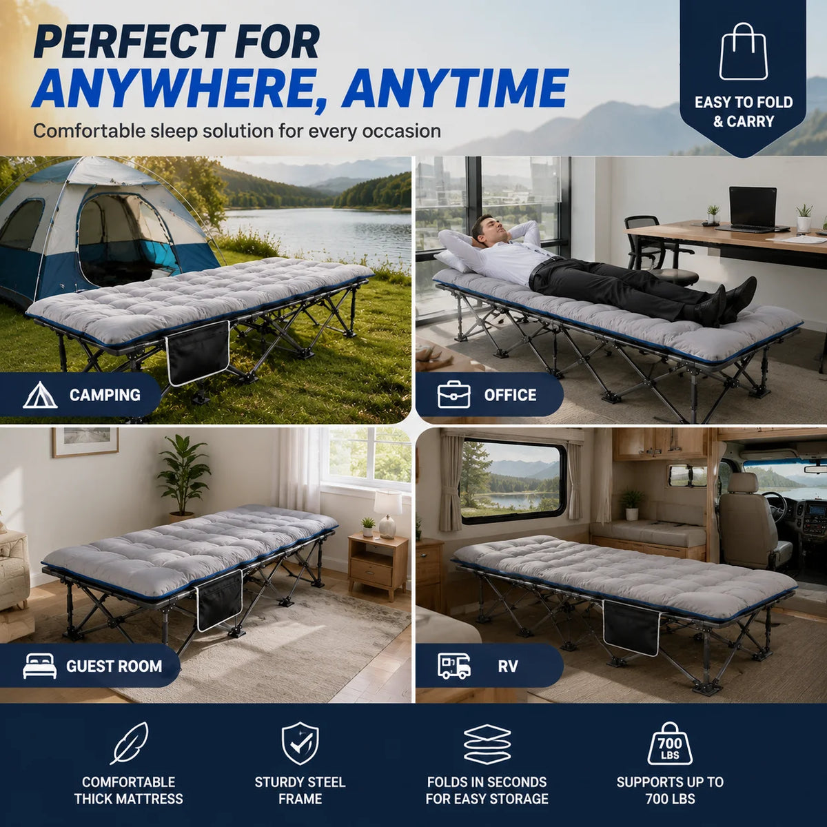 Heavy-Duty Folding Camping Cot with Padded Mattress