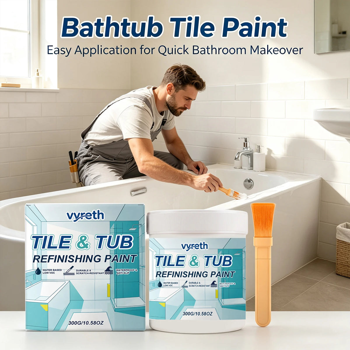Tile & Tub Refinishing Paint – Waterproof Bathtub, Sink & Tile Repair Coating (10.6 oz)