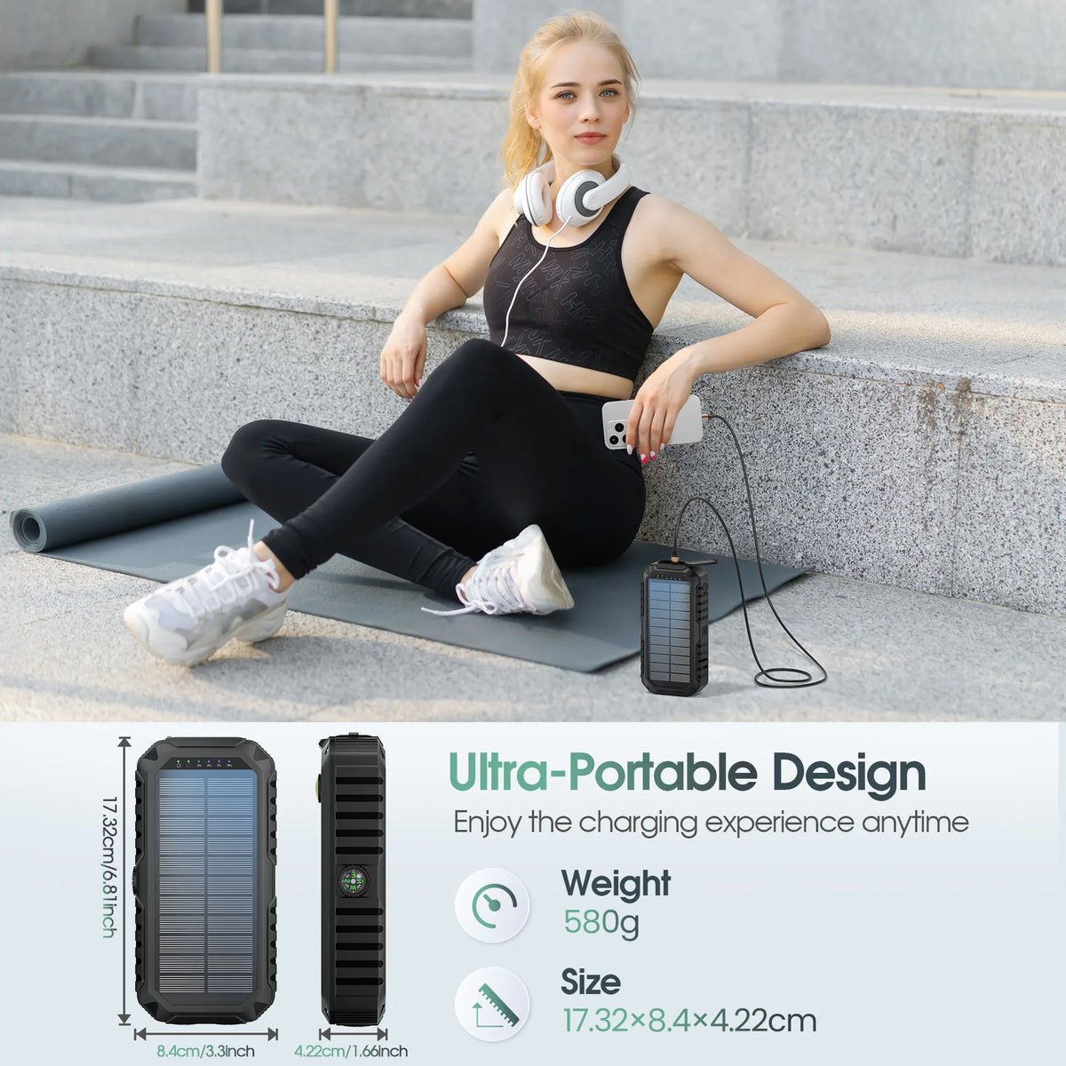 40,000mAh Solar Power Bank with Hand Crank & Built-In Cables