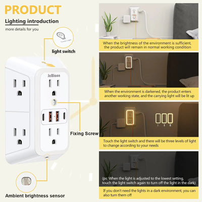 Outlet Extender with USB-C & Night Light